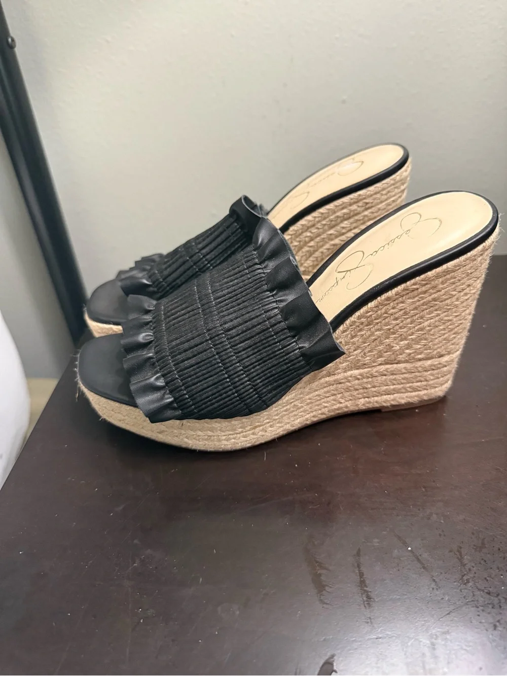 Jessica Simpson Black Ruffled Espadrille Wedge Slides